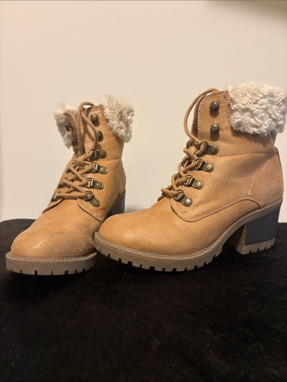 Cliffs by WHITE MOUNTAIN Tan Lace-Up Faux-Shearling Block Heel Boots